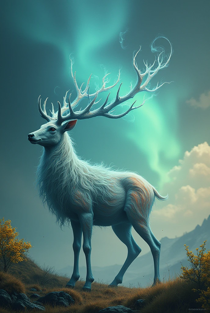Curious animal similar to gold Ofir another universe, be like a servant of cosmic smoke that does not have a human form but rather that of a servant or deer.
Cosmic landscape with aurora borealis and yellow ipê trees