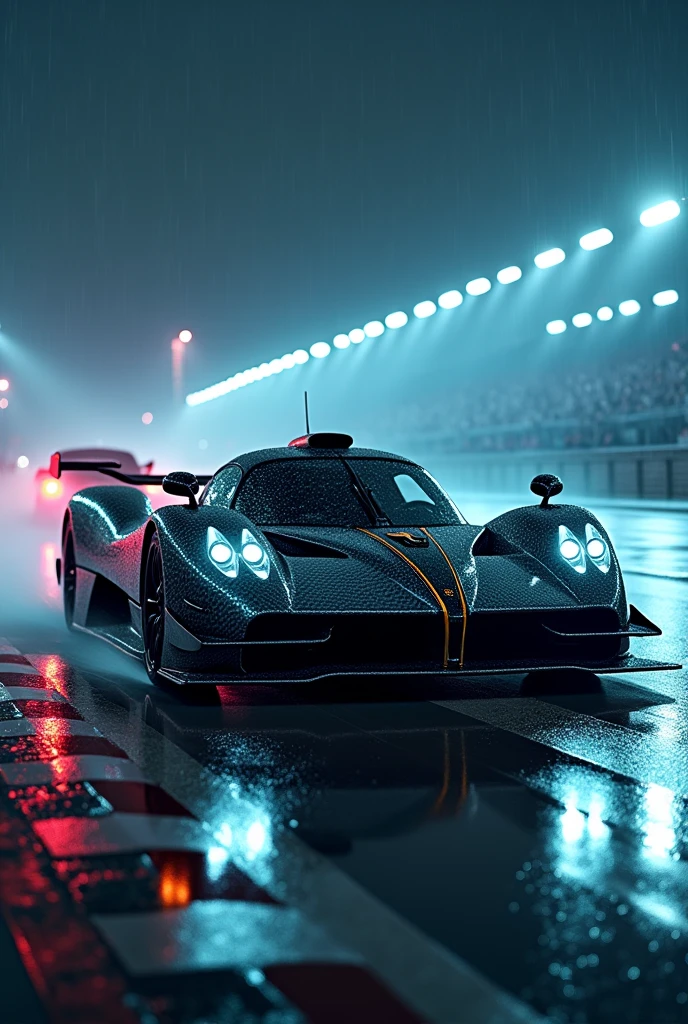 Carbon fibre pagani Zonda r on track in rain and white neon with Koenigsegg agera