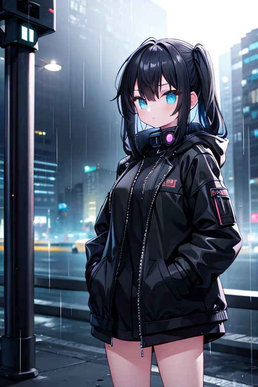 One girl,Black coat,Hands in pockets,night,cyber punk,rain