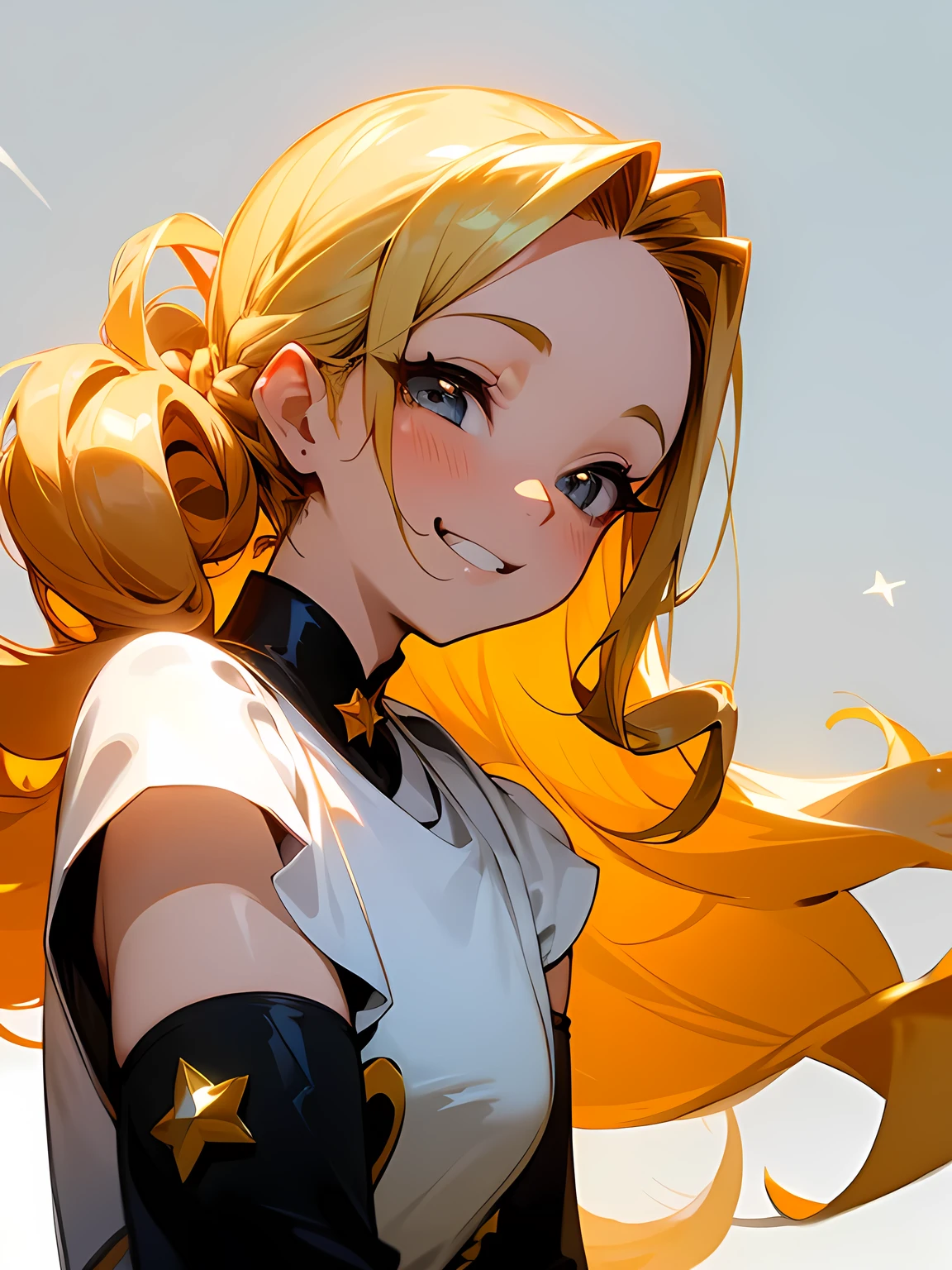 sideview,solo,(looking away:1.2),30years old, Model Pose,close up cute face,blonde curly sideup hair, (tsurime), big forehead, eyelash, pure lady clothing, Singing Pose、(diva),(I am the star)、grin