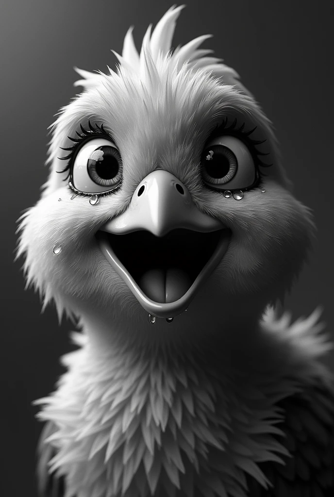 A whild Bird with good mood and in black and white pic add more realistic water droplets on face. Add more micro details and add more water droplets