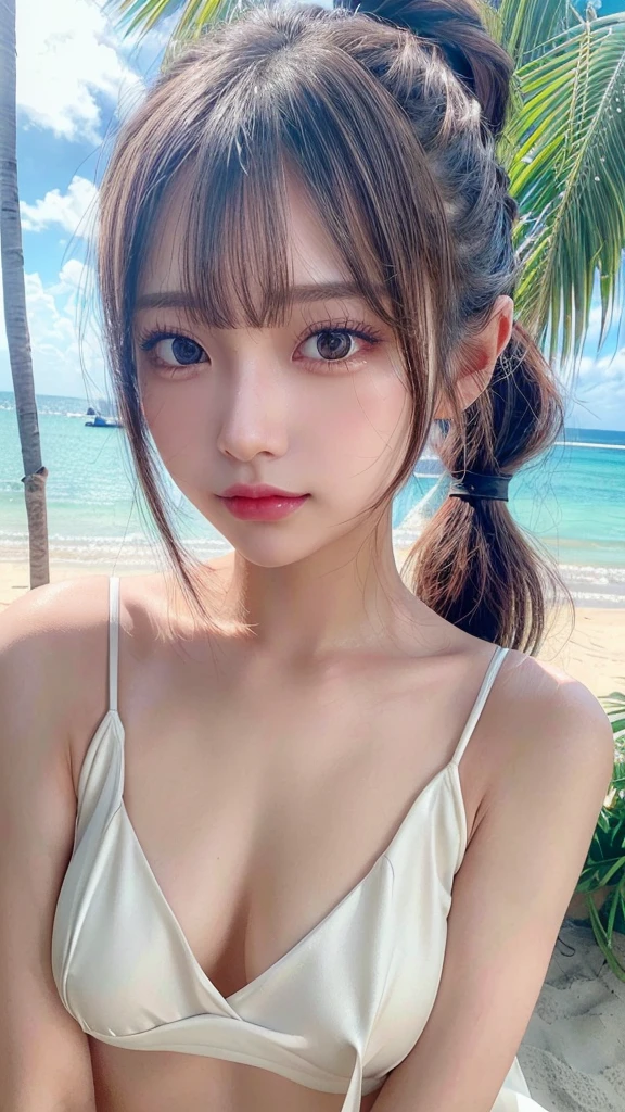 Beach,resort,Sexy White Bikini,Close-up of face,Blushing,Facing forward,Close-up of face,Small breasts,,Long hair ponytail,((8K, Raw photo, Best Quality, Mastepiece:1.2), (Realism, Photorealistic:1.4), (Highly detailed 8K wallpapers), Depth of written boundary, Cinematic Lighting, Soft Light, Detailed Beauty Eye,Shiny and smooth light brown ponytail, Asymmetrical bangs, Shiny skin, Ultra-detailed skins ,It is high resolution., High detail, Detailed hairstyle, Detailed facial beauty, Hyper-realistic, Perfect limbs, Perfect Anatomy ,1 Japanese girl,Famous Japanese Idols, Perfect female body,A shy smile,Short eyelashes,Double-edged eyelids,Look straight here,Hair style: ponytail,Close-up of face