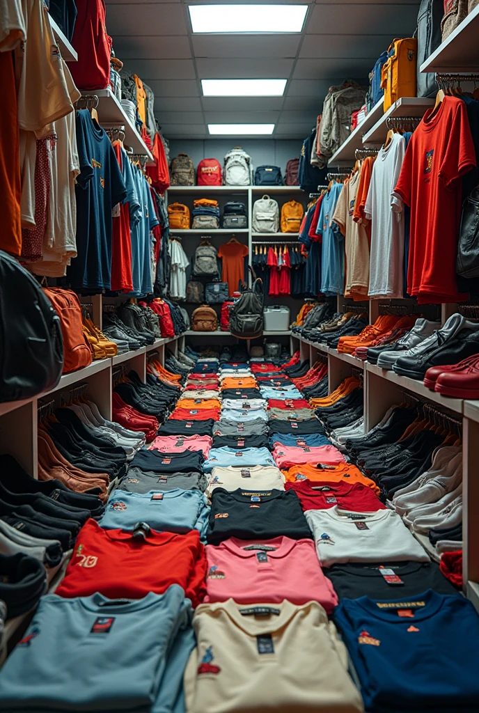 Many hundred t-shirts ,polo shirts,bags and watches in room