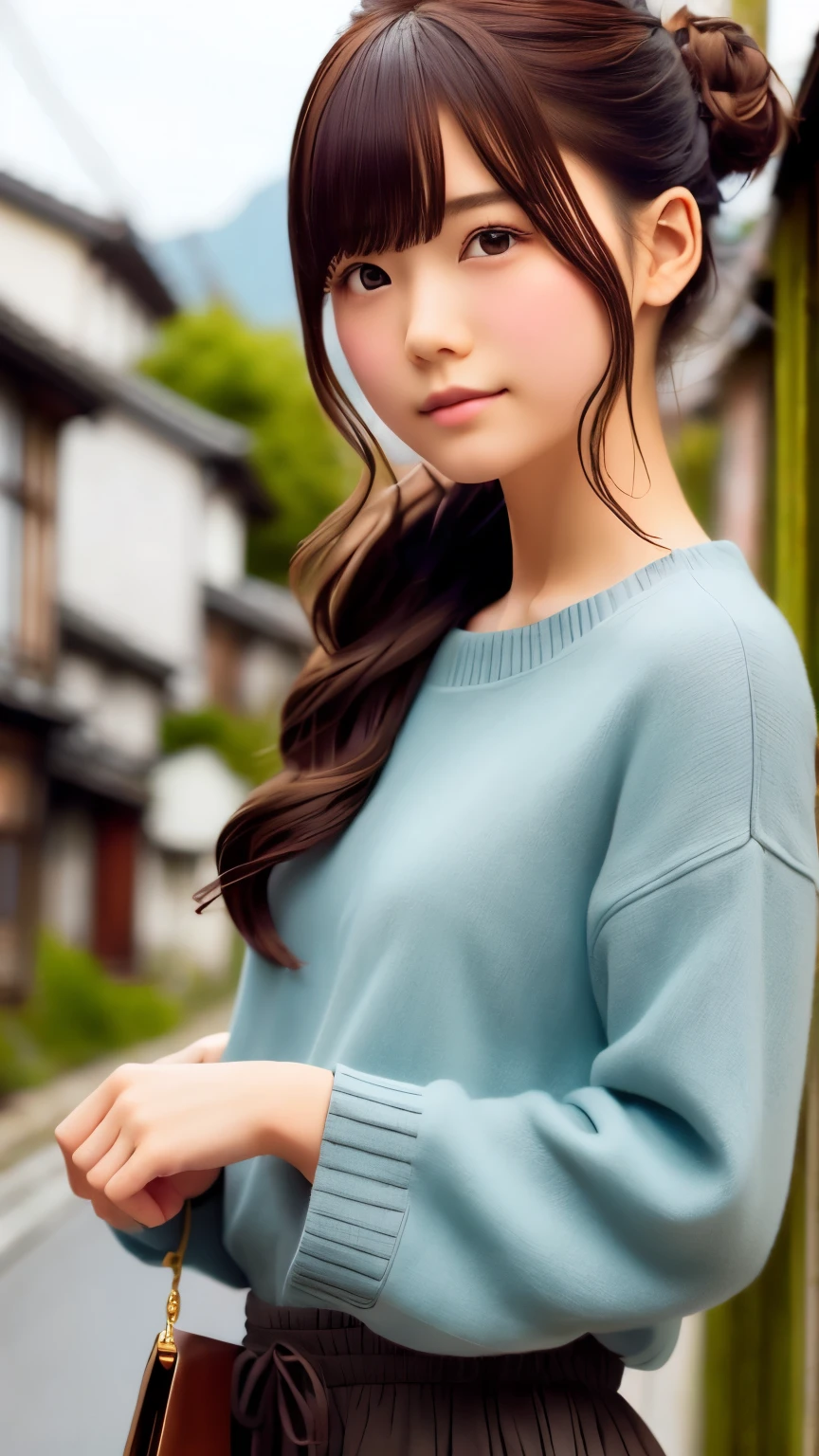 Highest quality、pretty girl、Bun hair with brown hair tied、natureな見た目、Long Shot、nature、Old houses in Japan、eaves、Balcony、Balconyに座る女の子