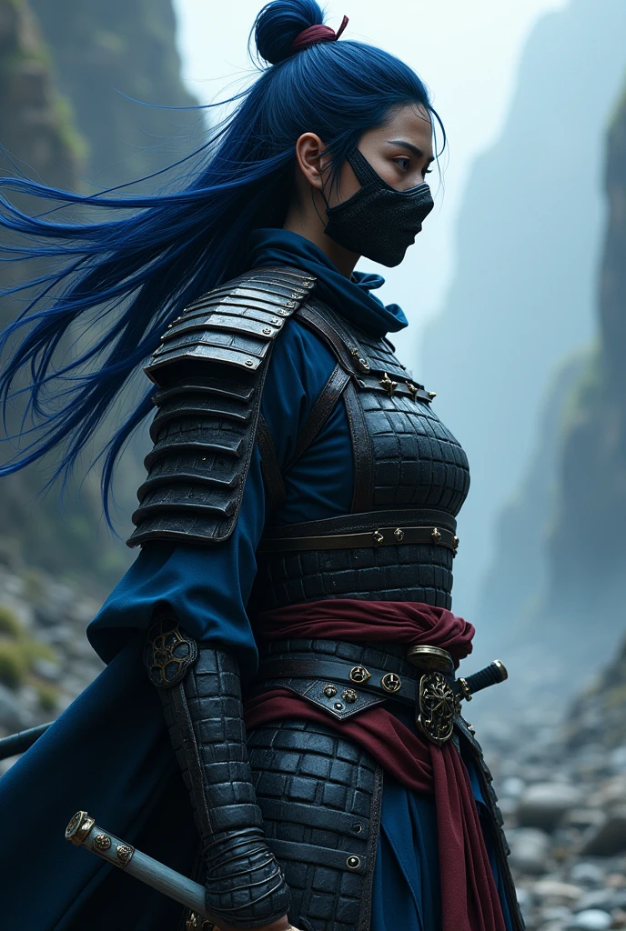 Samurai women with mask with dark blue hair 