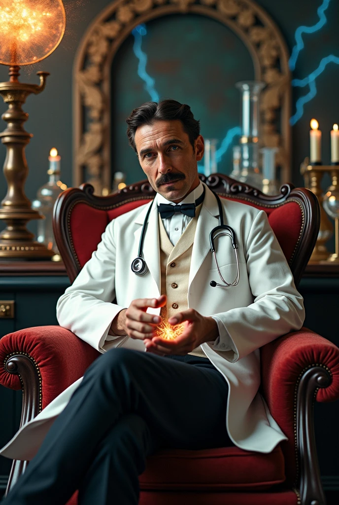 The scientist Tesla is sitting on a luxurious chair, wearing a white coat and a stethoscope. The doctor has discovered physics in his hands, electricity, and behind him are physics experiments suitable for the cover of a book or magazine, in addition to an electrical effect next to him.