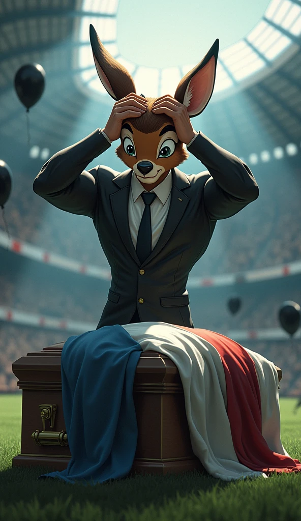 a bambi, muscular, puffed chest, wearing a black suit, crying with his hands on his head, sad expression, inside a soccer stadium, sad seeing a coffin with a flag over it highlighted in the colors blue, white, red, black balloons flying in the wind