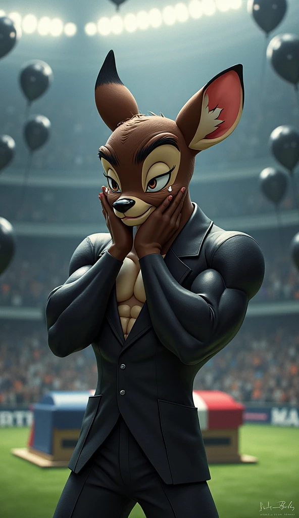 a bambi, muscular, puffed chest, wearing a black suit, crying with his hands on his head, sad expression, inside a soccer stadium, sad seeing a coffin with a flag over it highlighted in the colors blue, white, red, black balloons flying in the wind