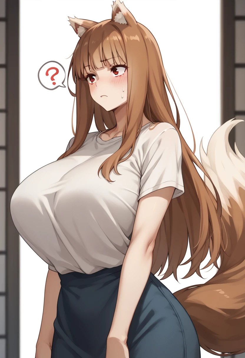 Brown Hair,Long Hair,Red eyes, Wolf Girl,Wolf Ears,Wolf's tail、Huge breasts、T-shirt long maxi dress、Tight clothing、Confused eyes、blush