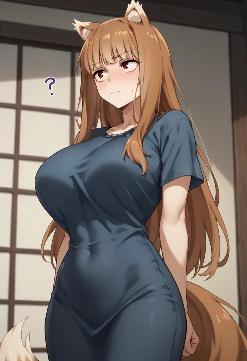 Brown Hair,Long Hair,Red eyes, Wolf Girl,Wolf Ears,Wolf's tail、Huge breasts、T-shirt long maxi dress、Tight clothing、Confused eyes、blush