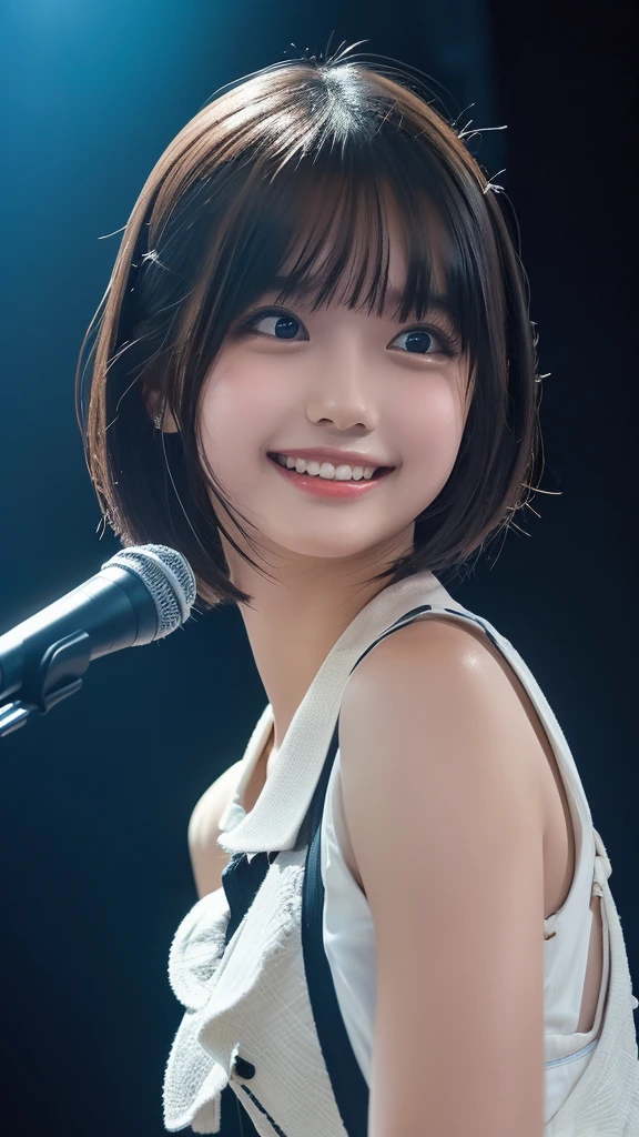 ((masterpiece, Highest quality, High resolution)), Japanese high school girl、(Realistic: 1.4), With a smile、Blushing、Great face,Glossy lips、, short hair、(Beautiful Hair:1.5),Idol Costume、Beautiful legs、On a packed stage、Sing with a microphone、Gazing at the audience、Front angle, Smooth, Highly detailed CG composite 8K wallpaper, High resolutionのRAWカラー写真, Professional photography, Light, BackLight, impressive, Written boundary depth, (Face close-up:1.5)
