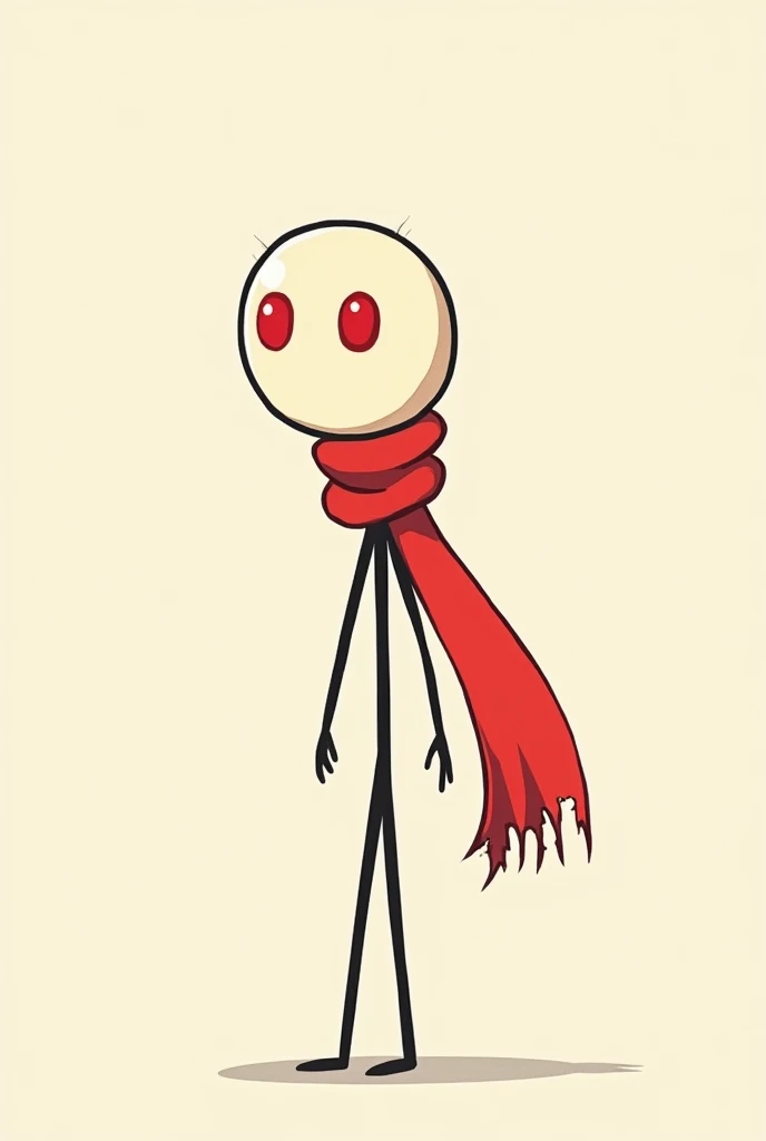 Draw an anime stick man with red circular eyes and a long red scarf that is torn at the end.
