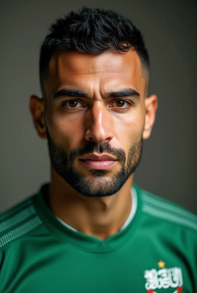 male, 2, buzz cut hair, black hair, middle eastern face, facing forward, half body photo, brown skin, brown eyes, handsome, thick eyebrows, wearing a Saudi Arabian national team jersey, mature, thin beard