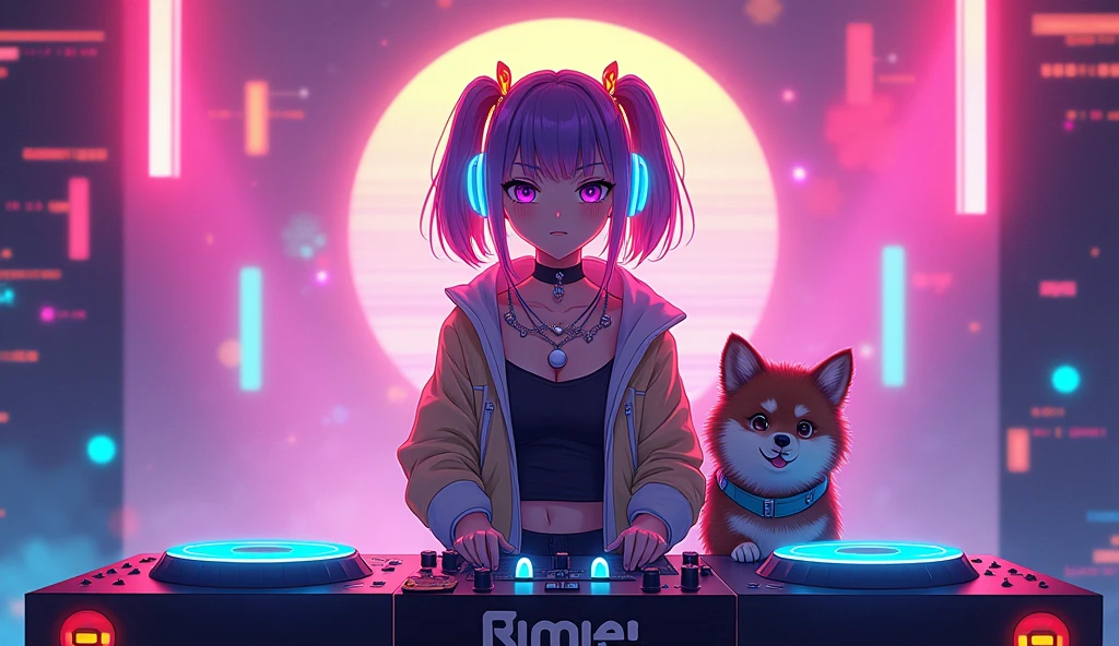 Create an image featuring an anime-style female character with a vibrant EDM theme, accompanied by a playful dog. The character should have a stylish and energetic look, with colorful hair, trendy EDM attire, and accessories like neon glowsticks or headphones. She is standing behind a DJ table, surrounded by a lively EDM party atmosphere with neon lights and electronic music equipment. The dog should have a fun and cute appearance, perhaps wearing a small accessory that complements the EDM theme. The overall scene should be dynamic and full of excitement, capturing the essence of an electrifying EDM event
