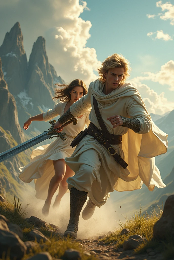 A handsome young blond prince using an amazing sword and a beautiful young woman running