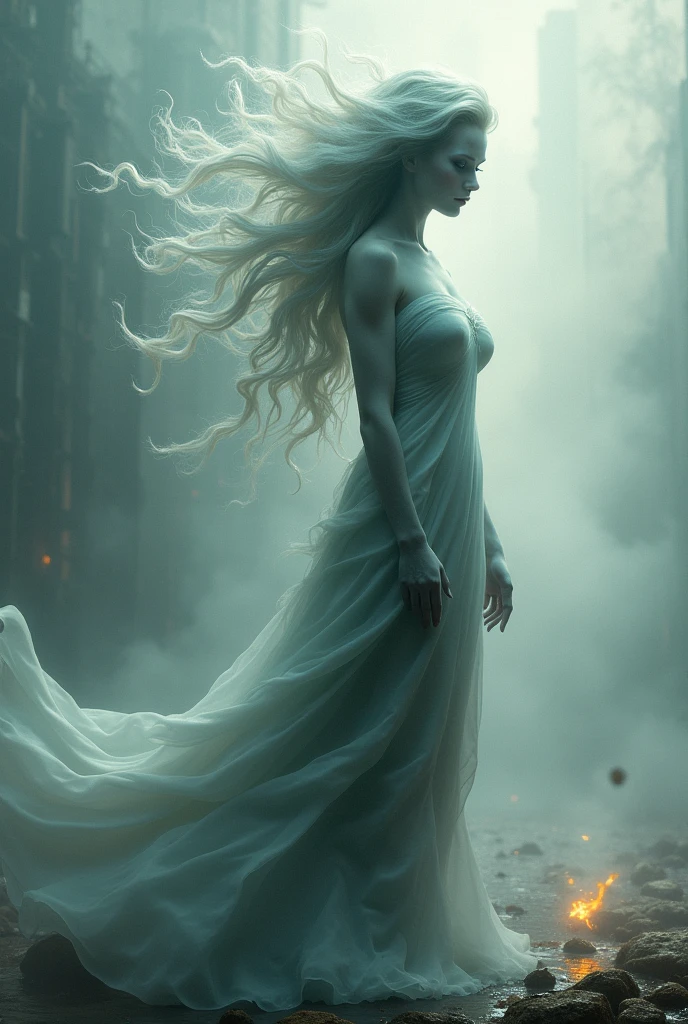 A ghost made of smoke, in an elegant pose with hair blowing in the wind, fluid lines, in the style of smoke art , made of all of the above, honest and raw, scumbling ., back lighting, volumetric lighting, 8K, perfect eyes, perfect pupils, expressive eyes, hands by Albrecht Durer, smoke, particle fx, mist, fog, fire, explosions, debris, , professional ominous concept art, by artgerm and greg rutkowski, an intricate, elegant, highly detailed digital painting, concept art, smooth, sharp focus, illustration, in the style of simon stalenhag, wayne barlowe, and igor kieryluk.