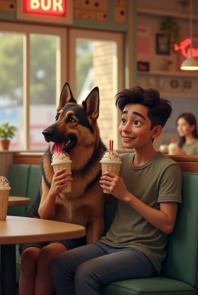 couple with a german shepherd drinking milkshakes