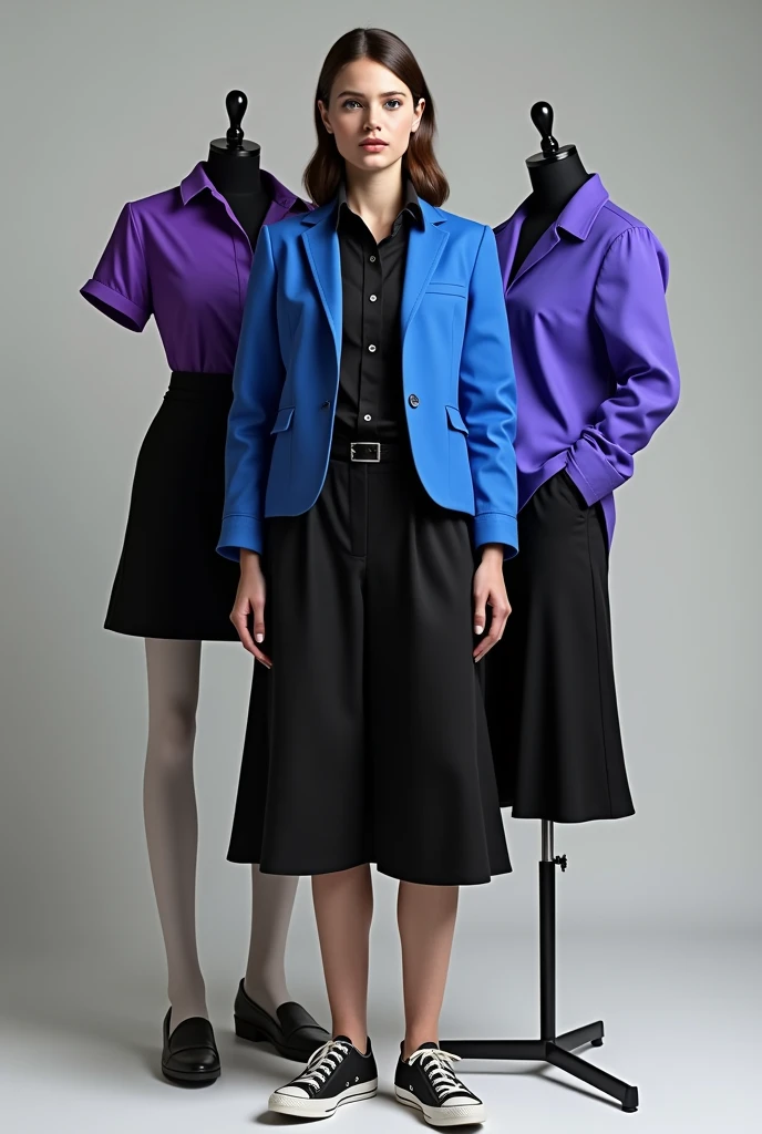 a black shirt, blue blouse, another purple blouse, and a black skirt and sneakers 