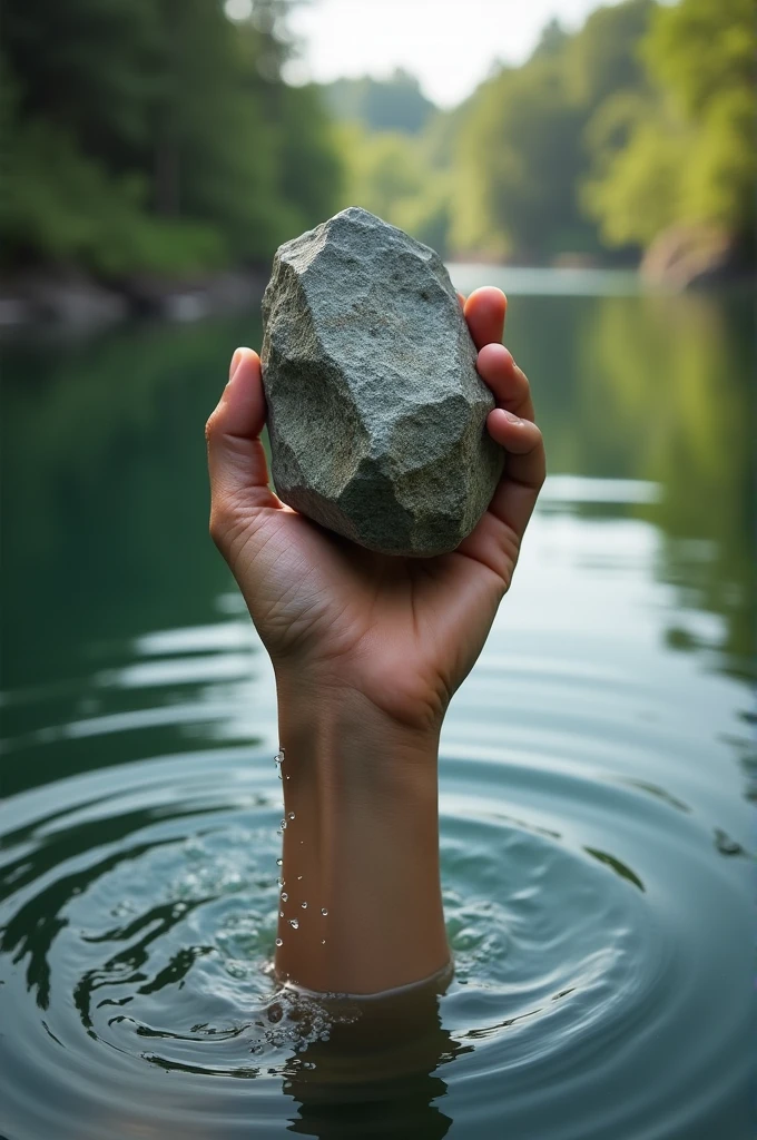 The stone being held up above the water, showing it is now out of the river