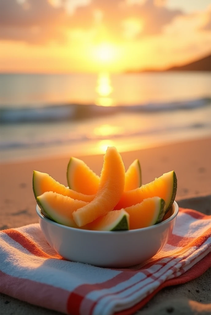 (photorealism:1.2), small bowl of melon on a towel at the beach at sunset