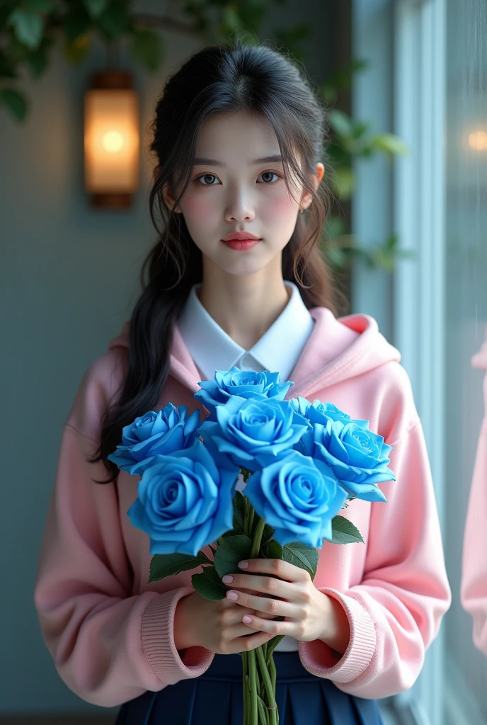 A woman holding a bouquet of blue roses at chest level, frontal view, fair skin, wearing a Thai student uniform, wearing a pink hoodie that is not zipped, with light shooting into her face.