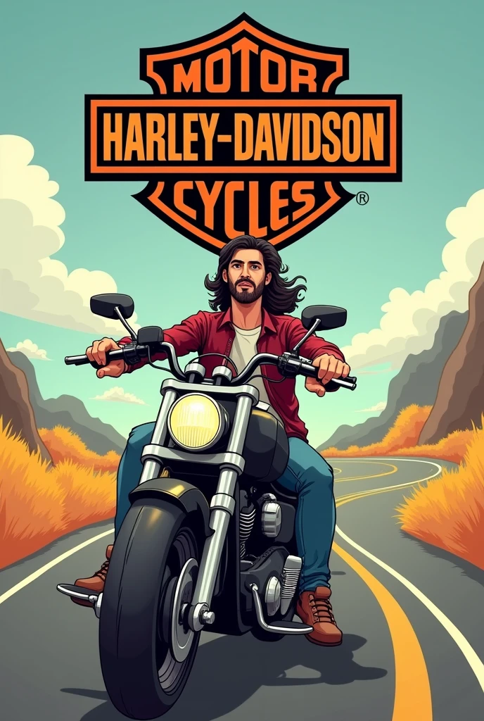 Create a Happy Birthday Card for my Boss. He turns 4. I want a motorcycle and above it the logo of the Harley Davison brand, but instead of the brand name, I want you to say the following in this order:
first line:  Disgust Second Line: Happy Birthday Third Line: Happy travels You can put a Mexican man, slim 4 young man on motorcycle, With beard and mustache, shoulder length hair, put road in the background. 