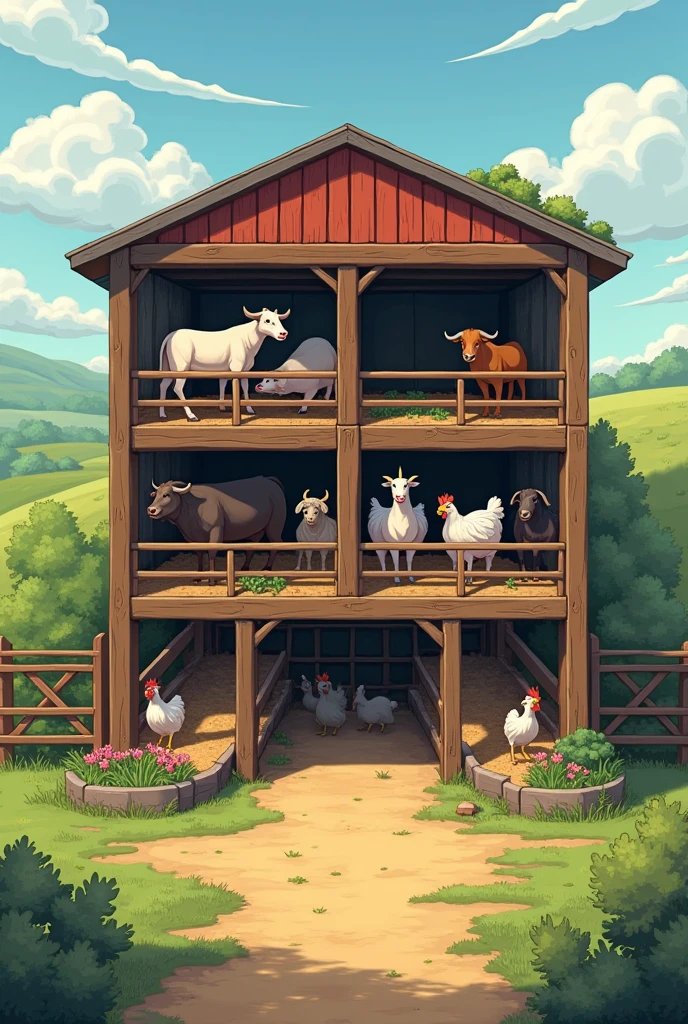 Three storey big shed
Only Cow buffalo in first floor ,
Only Goats on the second floor ,
Only Chicken on the third floor