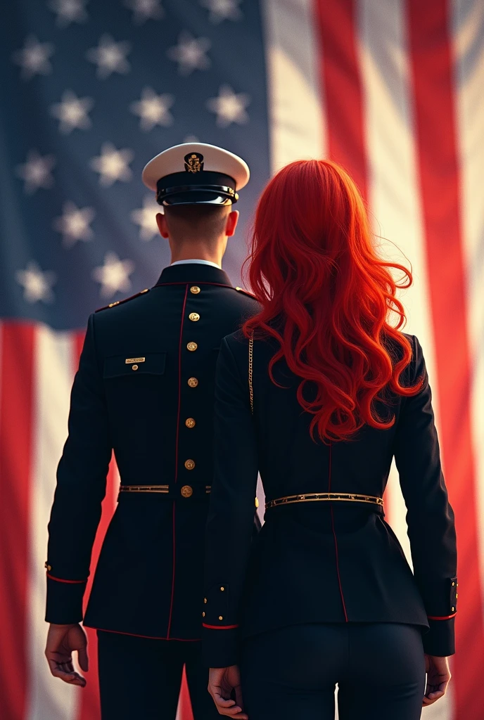 Medium build male with short hair wearing black uniform with American flag background and Red head Female
