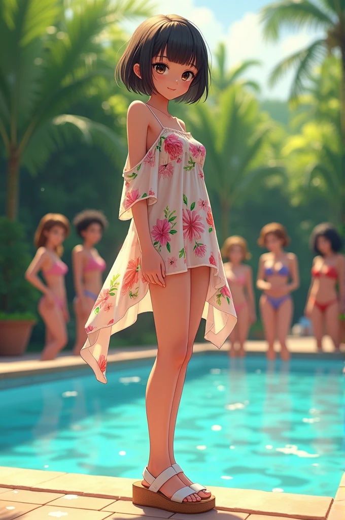 Generate a image of a girl with short hair, big doe eyes in a swimming pool with her 7 friends (they are out of focus) wearing flowy floral print baggy cover up that hid her body from behind. She had platform sandals in her feet. She was about to go in the water