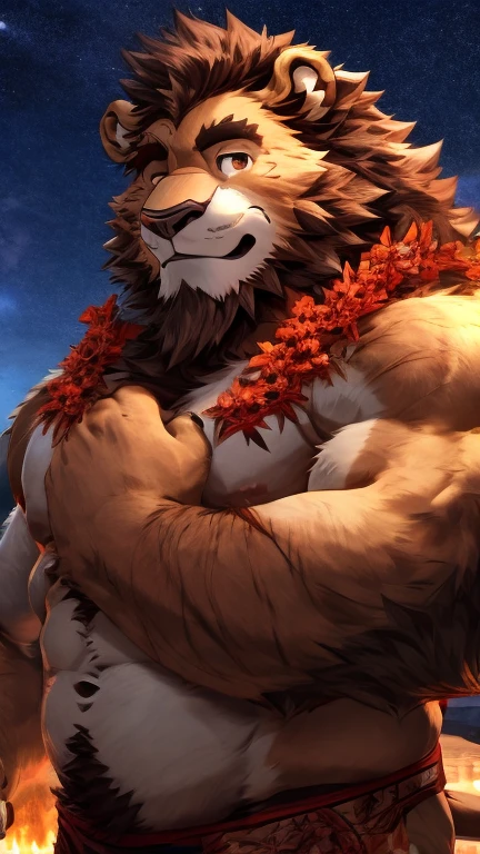 anime style, aid210, nj5furry, ((whole body)), ((herbalist)), ((plump middle-aged lion man)), BREAK ((brown eyes)), one eye closed, beautiful beard, beautiful ears, (male face:1.3), (big face:0.5), square jawline, (Male Eyes:1.2), (sharp eyes:0.8), (big eyes:0.5), male eyebrows, (innocent look:0.5), (beautiful black nails down to the last detail:1.2), BREAK (complete Anatomy), (detailed face:1.3), beautiful face, (detailed body), (beautiful hands:1.2), (detailed fingers:1.2), (detailed eyes:1.1), (beautiful Eyes:1.1), arm details, Leg Details, beautiful feet, BREAK Muscular anthlo, body hair, ((hairy skin)), fluffy, (detailed brown nipples:0.8), (blood vessel:-0.8), (glowing Skin:-0.7), (chest hair:0.5), (1 tail), (a beautiful and detailed small tail), BREAK night sky, outdoor, ultra detailed, highest quality, ultra-high resolution, realistic, 16K, masterpiece, beautiful detailed, perfect solution, absurdists, (faint light),