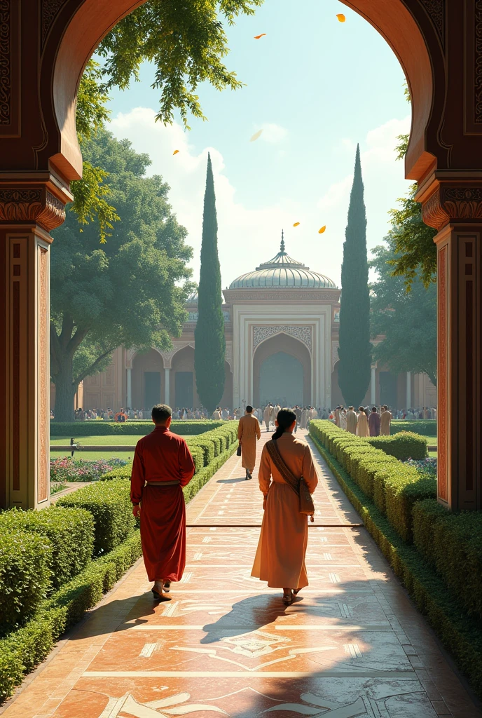** A walk through the lush Mughal gardens, with visitors admiring the beauty.