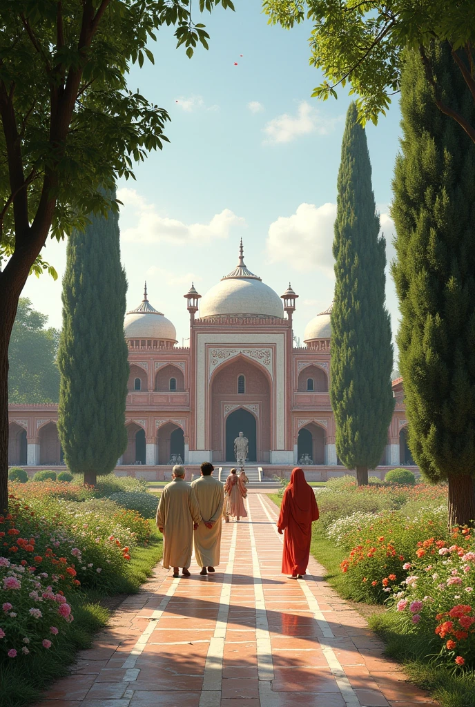 ** A walk through the lush Mughal gardens, with visitors admiring the beauty.