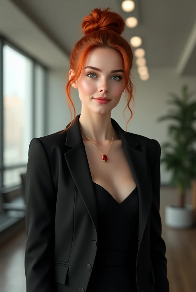 "A young woman with red hair, elegantly tied in a high bun, is dressed in a black blazer that highlights her professional and sophisticated style. She wears a delicate necklace with a red pendant that contrasts softly with her outfit.. His expression is serene, with expressive green eyes that convey confidence. The scene must capture the entire body of the woman standing, revealing her elegant posture and the entirety of her attire, in an environment that suggests an office or workspace, with crisp, lifelike details