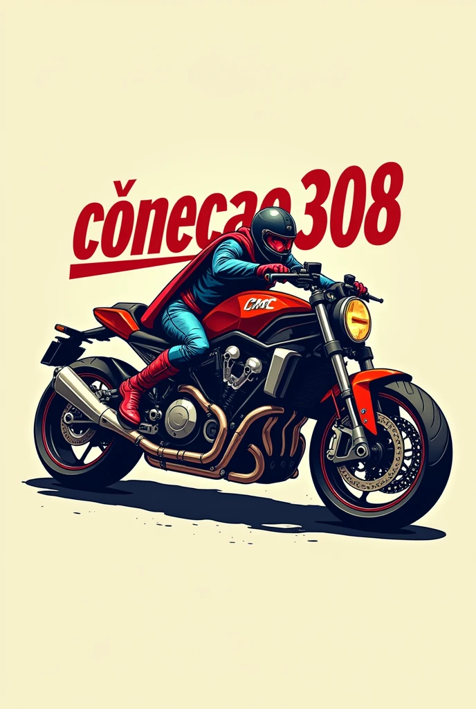Create a logo written conecao308 and with a guy lying on the motorcycle in the style of Superman for Instagram and make it more beautiful and with the motorcycle having a big engine