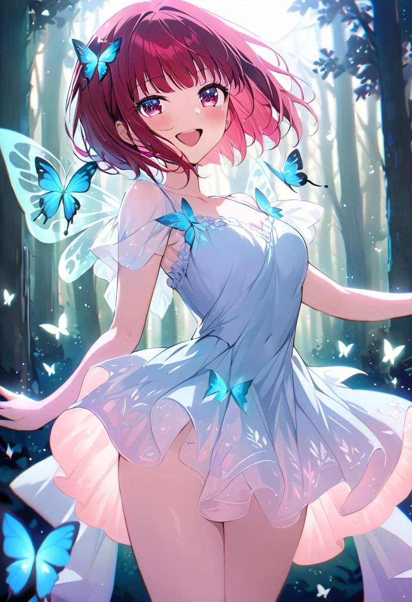 (masterpiece, best quality:1.5), (high resolution 8K), detailed eyes and face, detailed body, 
BREAK arima-kana, red hair, short hair, bob hair, 
BREAK (smile, happy, open mouth:1.2), standing, contrapposto, 
BREAK A magical young fairy girl with translucent butterfly wings floating in the air, surrounded by glowing butterflies, ethereal fantasy scene, soft pastel colors, dreamy atmosphere, twinkling lights, flowing hair, delicate features, whimsical pose, gossamer dress, forest background, moonlit sky, detailed intricate wing patterns, sparkling fairy dust, hyper-realistic, cinematic lighting, studio ghibli style, 8k resolution