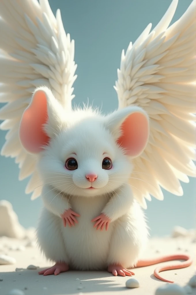 Draw a giant mouse, completely white, with a robust and fat body. He must have big white wings, like an angel, which are fully extended to display their grandeur. The mouse should be in a pose that shows its entire body, with a grand and magical expression. Details like big, expressive eyes, pointy ears and a long, bushy tail should be visible. The setting can be simple or neutral to highlight the figure of the mouse.