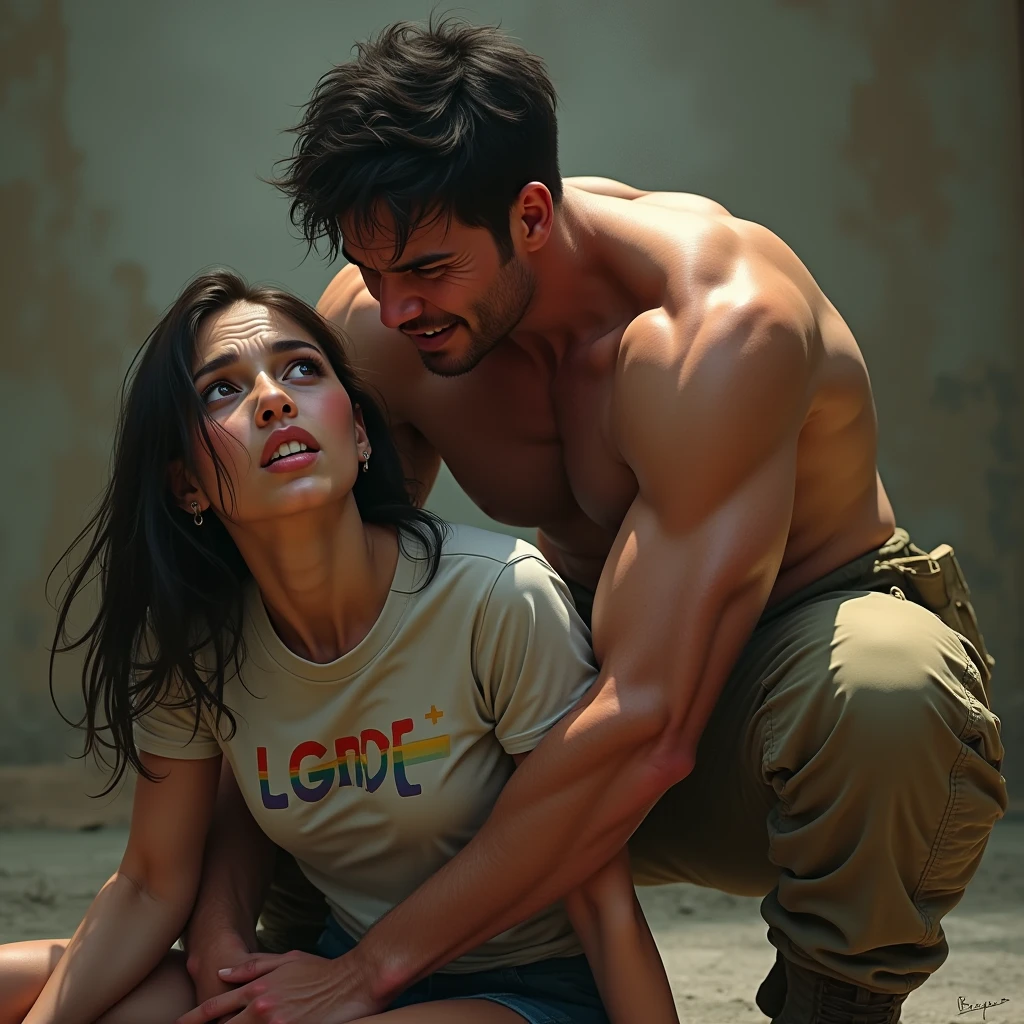 digital art, a 20 year old angry male, beige militar clothes, squatting down, shirtless, sweaty, big bulge, he’s squatting down behind a scared female wearing lgbt shirt, he’s squatting behind her, hugging her from behind