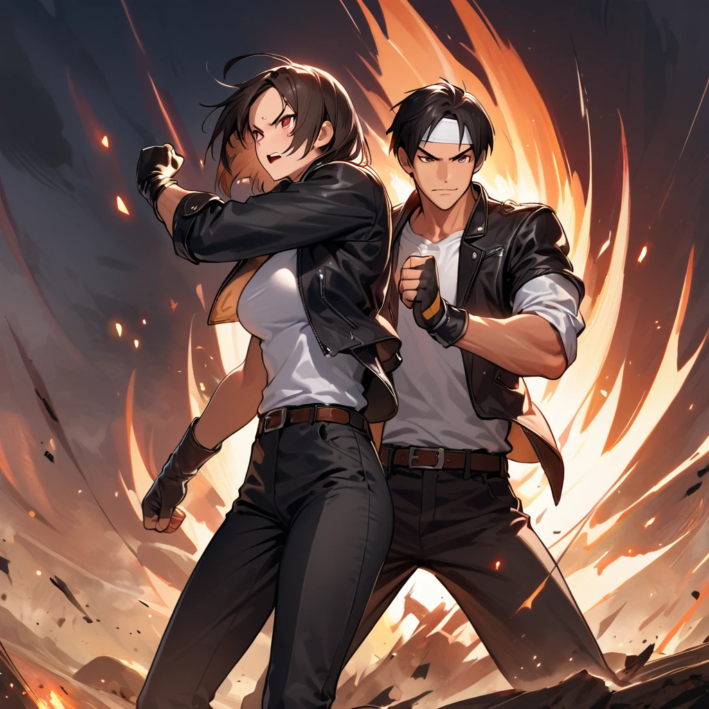 Masterpiece, Two People, Man-Woman Fist Fight, One on One, Best Quality, 8K, Fighting Pose, Fight: 1. 5,(Kyo Kusanagi), Man has dark skin, dark hair, red eyes, alone, ((white headband on forehead)), Two Shot, ((black riders jacket with rolled up arms)), fingerless gloves, black hair (white T-shirt), white T-shirt black pants, white shoes, brown belt, boyish, handsome, shot, charming, masterpiece, high quality, fine face, grainy, night, confident grinning face, man and woman fighting against church background, loud cheers, same hair, same hair and clothes, angry face: 1. attack speed 5, quick attack , angry face, angry face