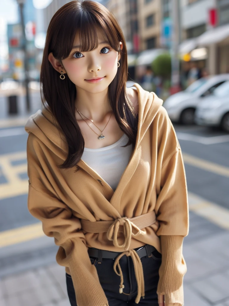 One person, chest, 大きなchest, , HoodieAdidasLong Hair, Brown Hair, belt、Earrings, necklace