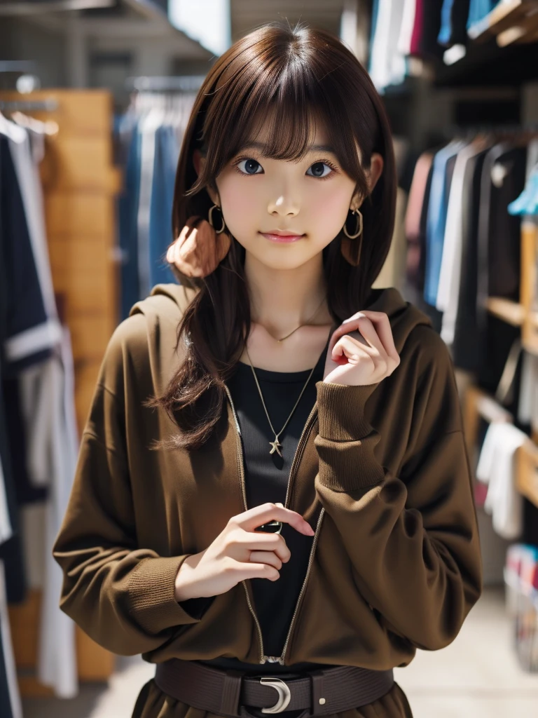 One person, chest, 大きなchest, , HoodieAdidasLong Hair, Brown Hair, belt、Earrings, necklace
