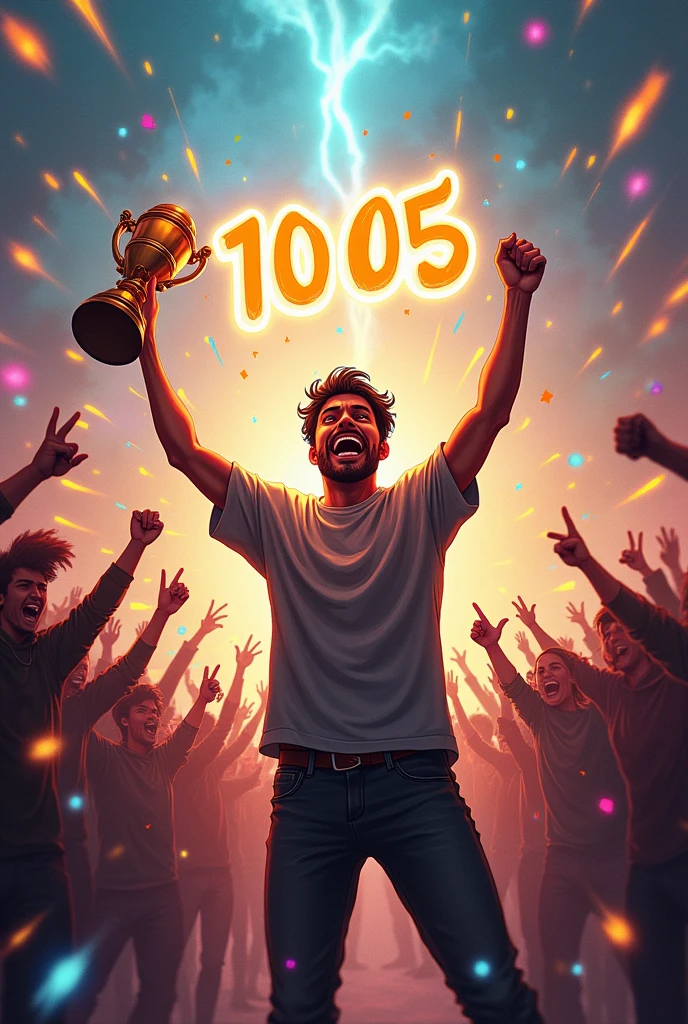 "Create an image of an ecstatic winner who has scored 1005, celebrating aggressively in a vibrant fantasy world. The background should be filled with magical elements like a bunch of people shouting and supporting the winner. Surround the winner with a crowd of people, all looking incredibly happy and cheering him on. The winner should be in the midst of an intense celebration, with fists pumped in the air or shouting triumphantly, radiating energy and joy. He might be holding a trophy in his hands  and the scene should feel alive with excitement. Boldly integrate the text 'BMS ZINDABAD' into the environment, making it a down part of the celebratory atmosphere."