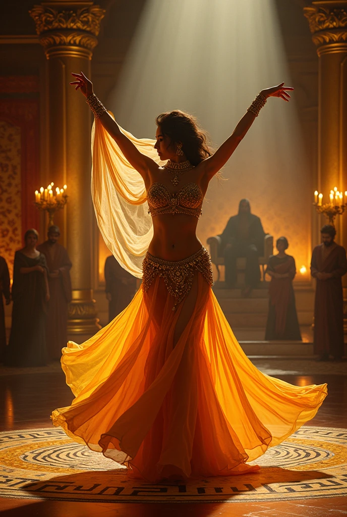 A luxurious, dimly-lit private chamber adorned with opulent fabrics and intricate tapestries, the air thick with the scent of incense and candle wax. At the center, a stunning belly dancer in a vibrant, bejeweled costume performs with mesmerizing grace for an unseen king. She is framed by the warm glow of flickering candles and golden lamplight, her movements casting shadows that dance upon the walls. The dancer's outfit sparkles with each twirl, revealing a skirt that flows like liquid gold, complementing the jewels that encircle her waist. Her arms are raised, showcasing long, delicate veils that cascade from her fingertips, fluttering to the rhythm of the exotic music that fills the space. On a richly upholstered throne, the silhouette of the king, with his royal garb and gleaming crown, is visible. His shadowy figure suggests an air of mystery and power as he watches the captivating performance. In the background, a few loyal courtiers stand, their faces a mix of awe and admiration, while the gold-leafed columns and elaborate mosaic floor reflect the opulence of the room. The atmosphere is one of intimate elegance, with the belly dancer serving as the heartbeat of the king's private entertainment, her beauty and skill weaving a spell that captivates all present.