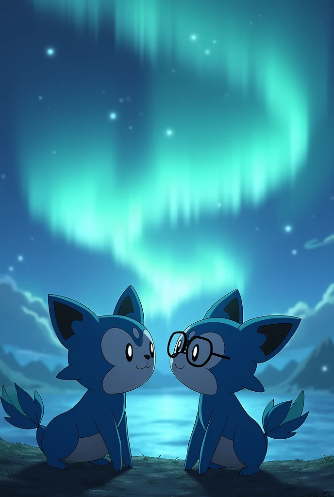 Give me an image of oshowatt Pokemon wearing spectacles , do not show it cute , show it a bit nerdy and the Pokemon must be watching Arora Borealis , the Pokemon must cover only 5 percent of the image meaning it should be smaller in size , 90 percent of image must be of the northern lights , show oshwatt as it was in the Pokemon tv show with Ash Ketchum , keep a slight smile on the Pokemon 's face, show two oshwatt
