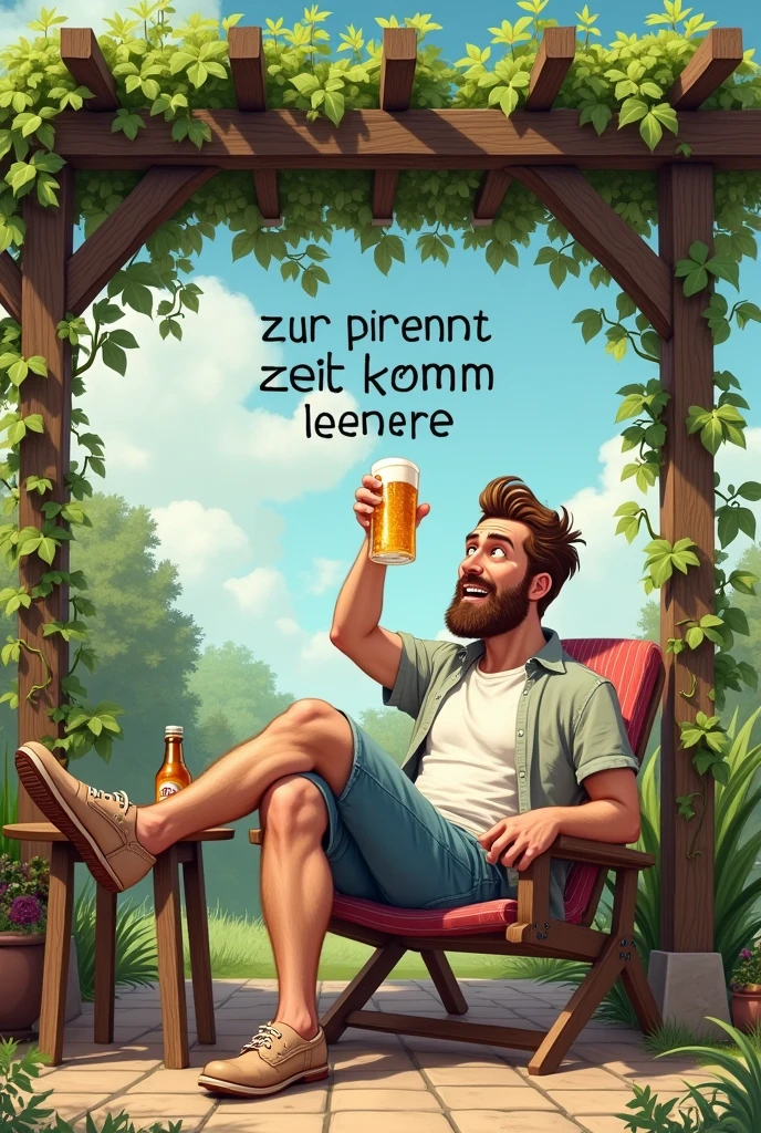 Funny picture with the inscription “Zur Pergola Zeit komm i nemme” of a pergola and a guy with a beer in his hand