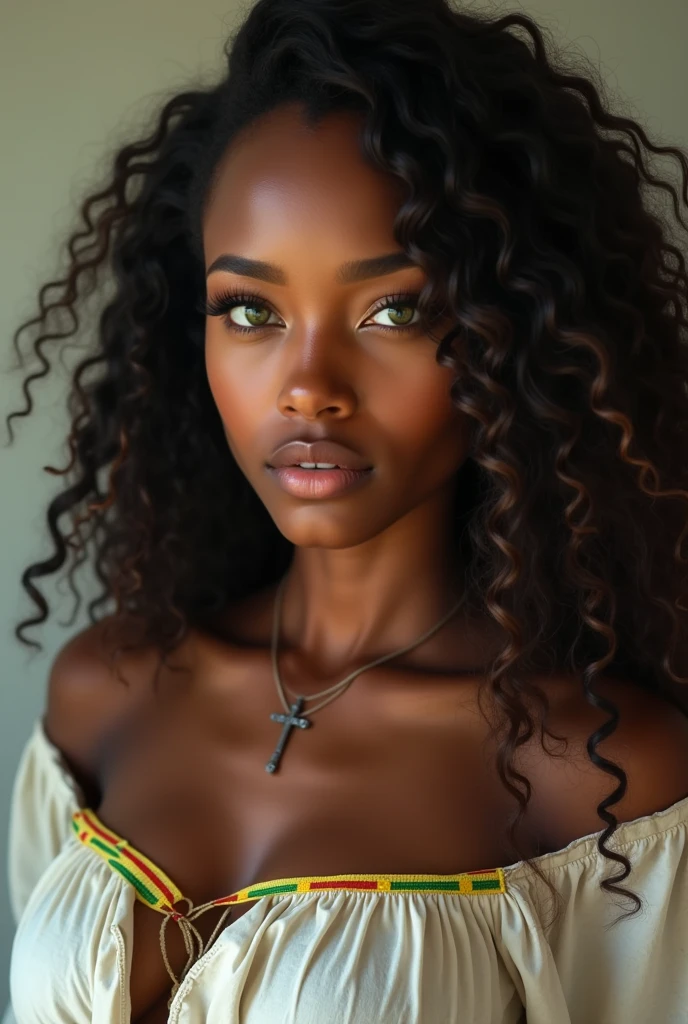 A beautiful, exotic, Ethiopian girl with straight nose, brown glowing skin, long full curly hair, long lashes, mesmerizing green big eyes wearing slightly dirty white dress with small strip of green yellow and red,she has cross necklace