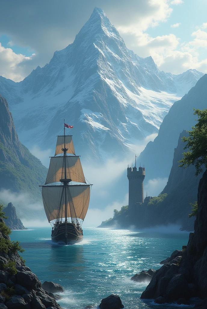 Create a landscape where you are surrounded by mountains , with an ocean in the background and a pirate ship floating in it , between a rustic tower and further in the background a huge castle