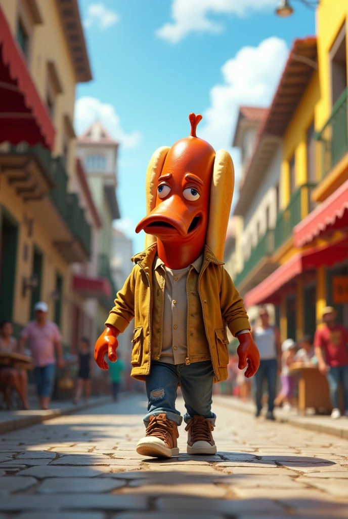 A hot dog walking through the city of Buenos Aires