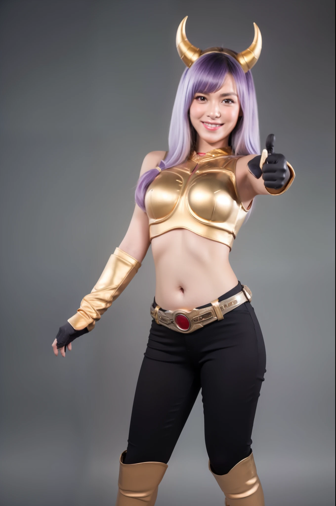 (The CG is very detailed.), (best quality), perfect face, Shiny skin, Shiny skin,wide hips, 1 girl,alone , Eukinetics,light purple hair,very long hair,low Twintail,Ahoge, purple eyes, Twintail, long hair,Mighty Cougar, ,Yellow horns,red armor, rider belt, glove, Diaphragm,navel,gold,,armor,belt,gag,bare shoulders, Thumbs up, smile,full body,