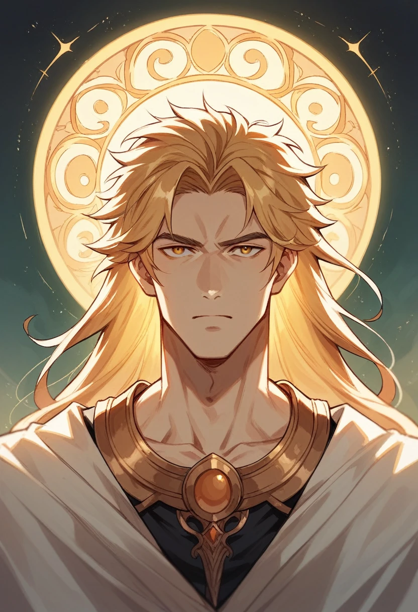 This image portrays a mystical figure male with flowing, golden long hair and a serene expression, surrounded by golden tones and ethereal lighting. The setting seems to evoke a sense of otherworldly presence, suggesting themes of divinity, fantasy, or spirituality.