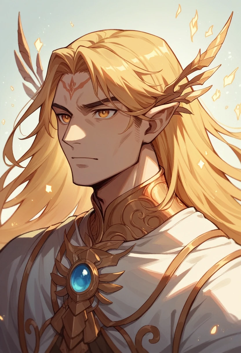 This image portrays a mystical figure male with flowing, golden long hair and a serene expression, surrounded by golden tones and ethereal lighting. The setting seems to evoke a sense of otherworldly presence, suggesting themes of divinity, fantasy, or spirituality.